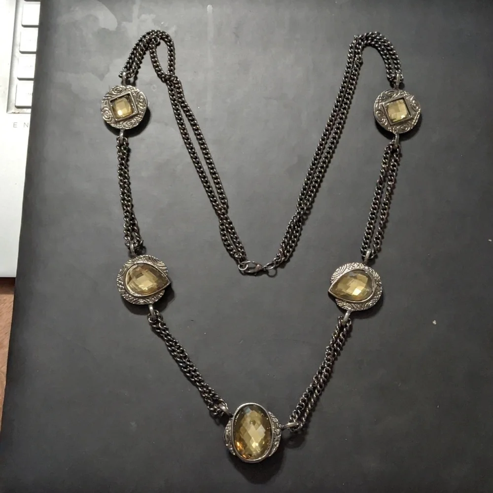 Gunmetal Black Chain with Yellow Rhinestones Long Statement Necklace